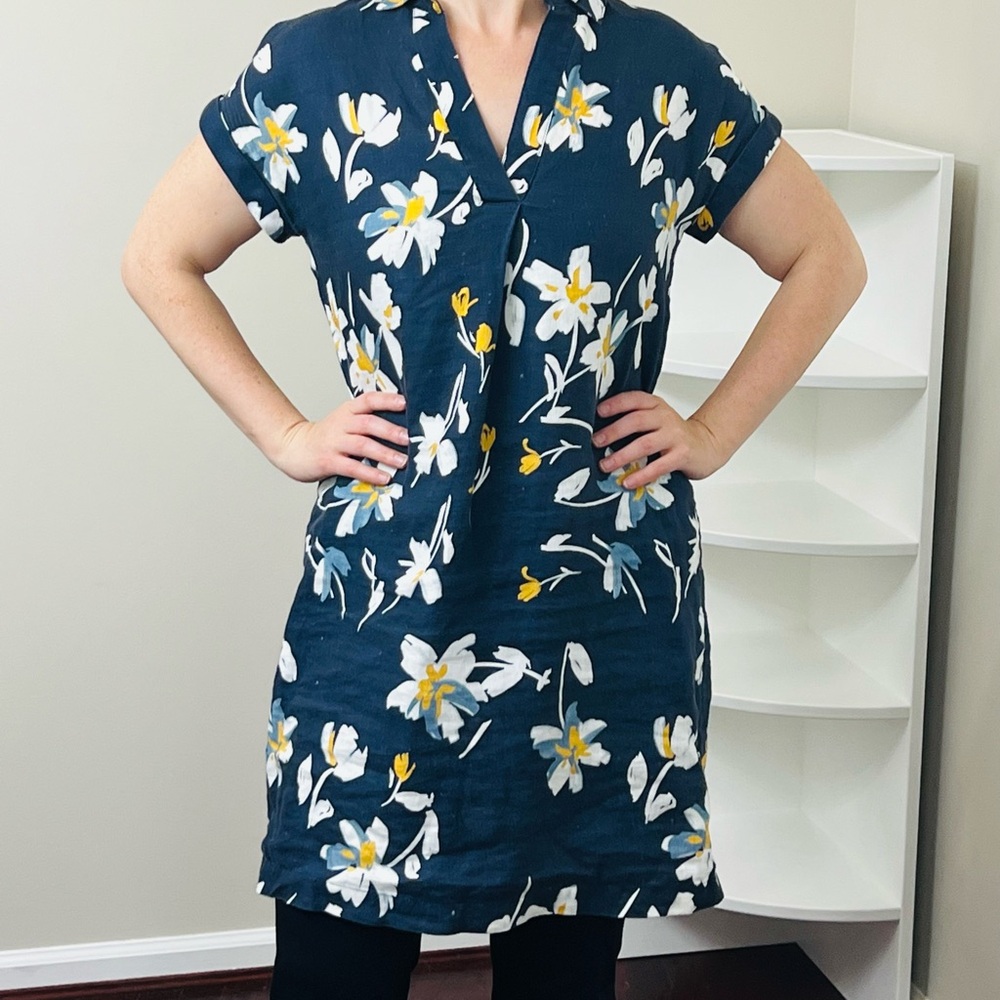 Simons Contemporaine 100% Linen Navy Floral Short-Sleeve Shirt Dress